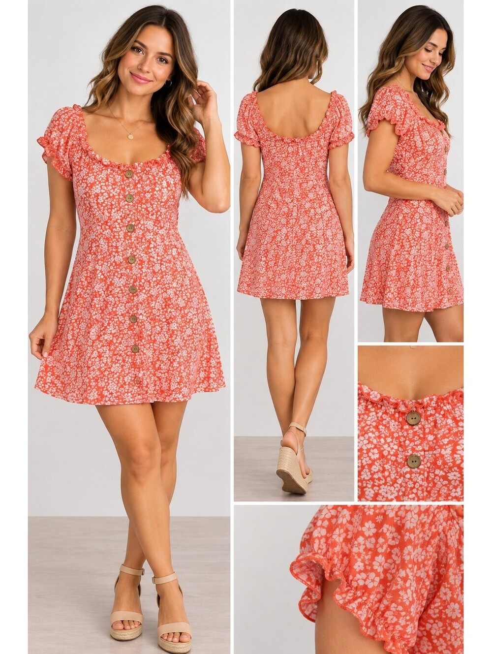 No Boundaries Coral Floral Button Front Mini Dress